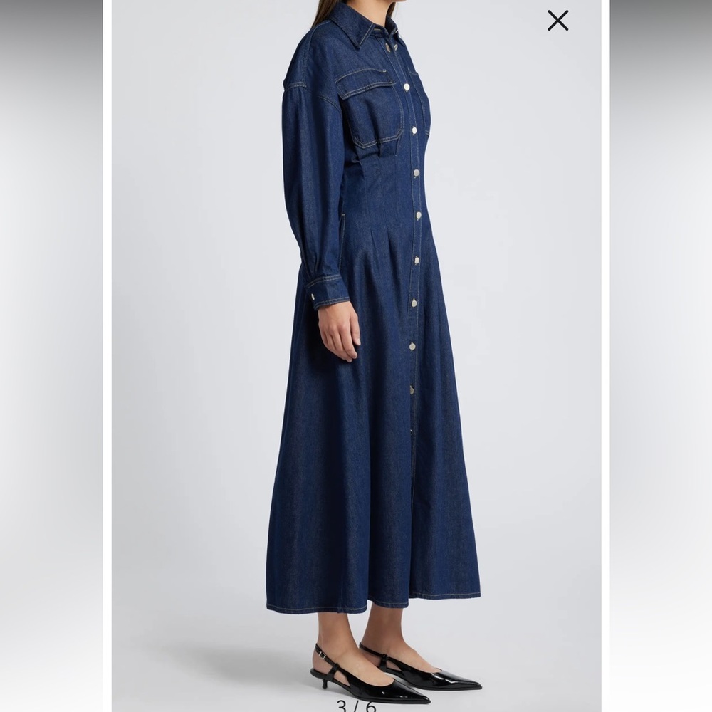 new Frame Denim nipped pleated maxi dress in indigo dark wash denim - Picture 3 of 9